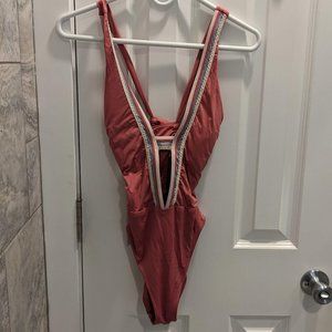 Dusty Pink Swimsuit with Plunging Neck Line